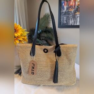 Woven Tote / Beach  Bag with Black Leather Trim NWT